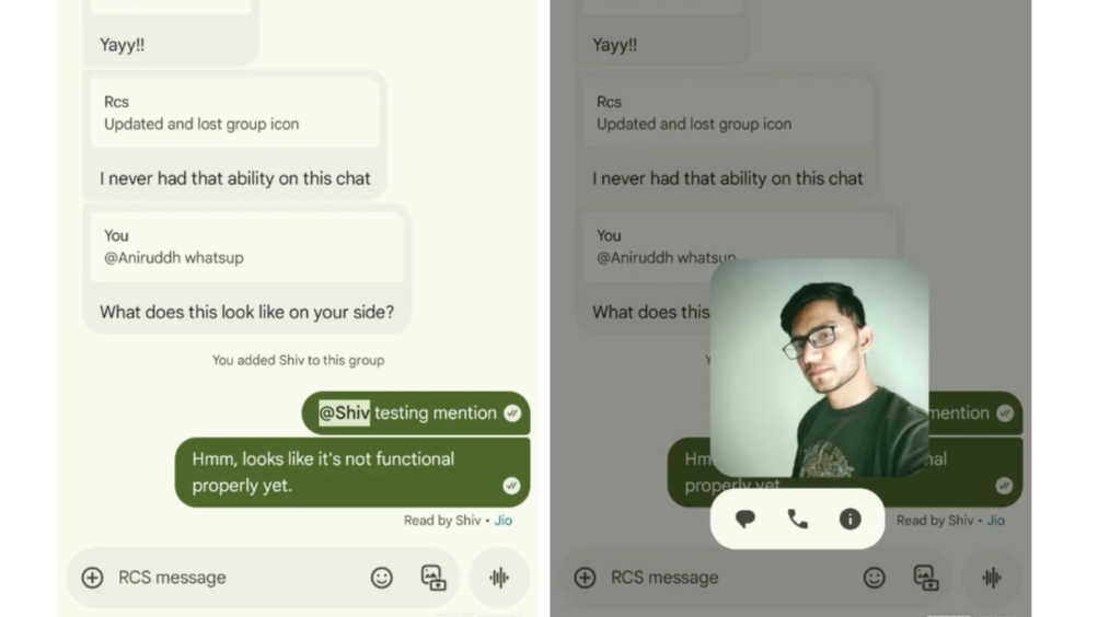 An image of Google Messages' mentions feature in beta testing