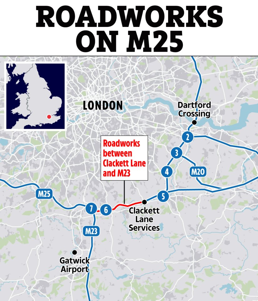 Illustration of M25 roadworks map showing closures between Clackett Lane and M23.