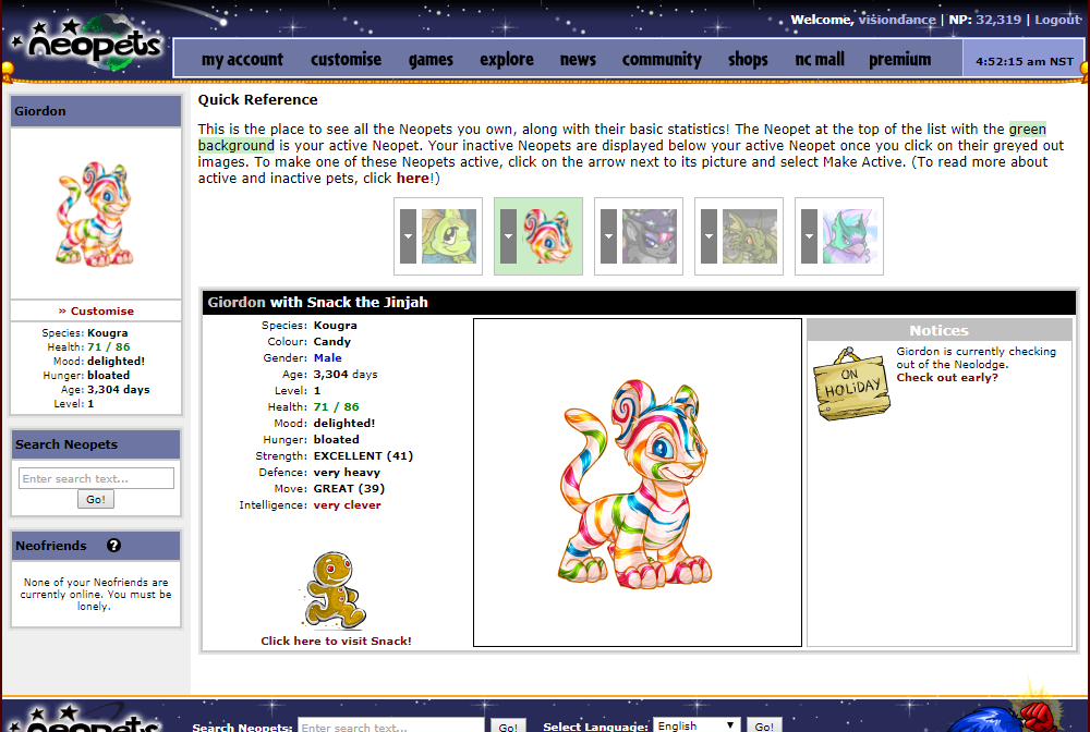 The Neopets status page showing the condition of the player's pets.