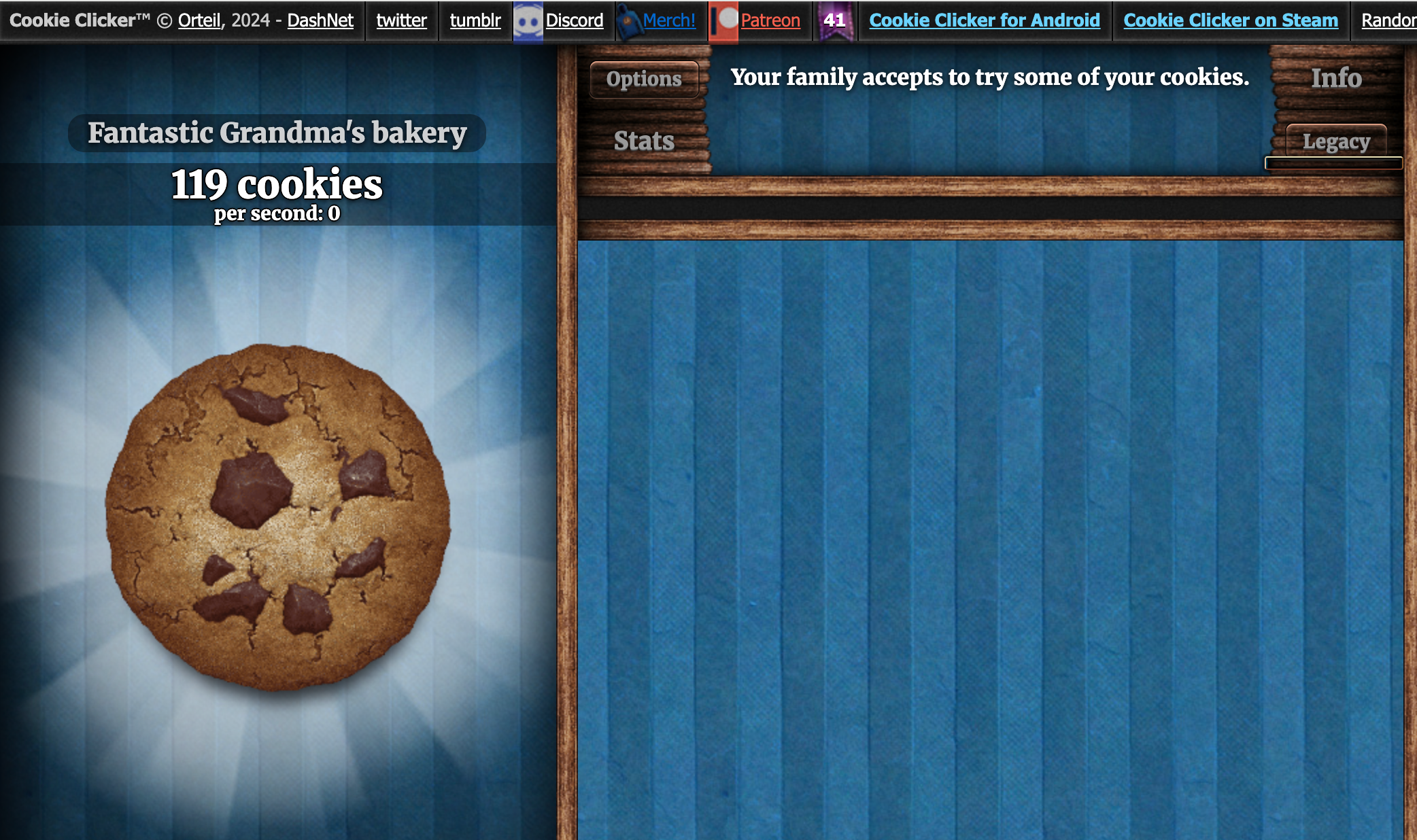 A screenshot of Cookie Clicker's so-called gameplay.