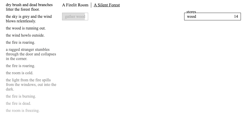 Gathering wood in the silent forest in the game A Dark Room.