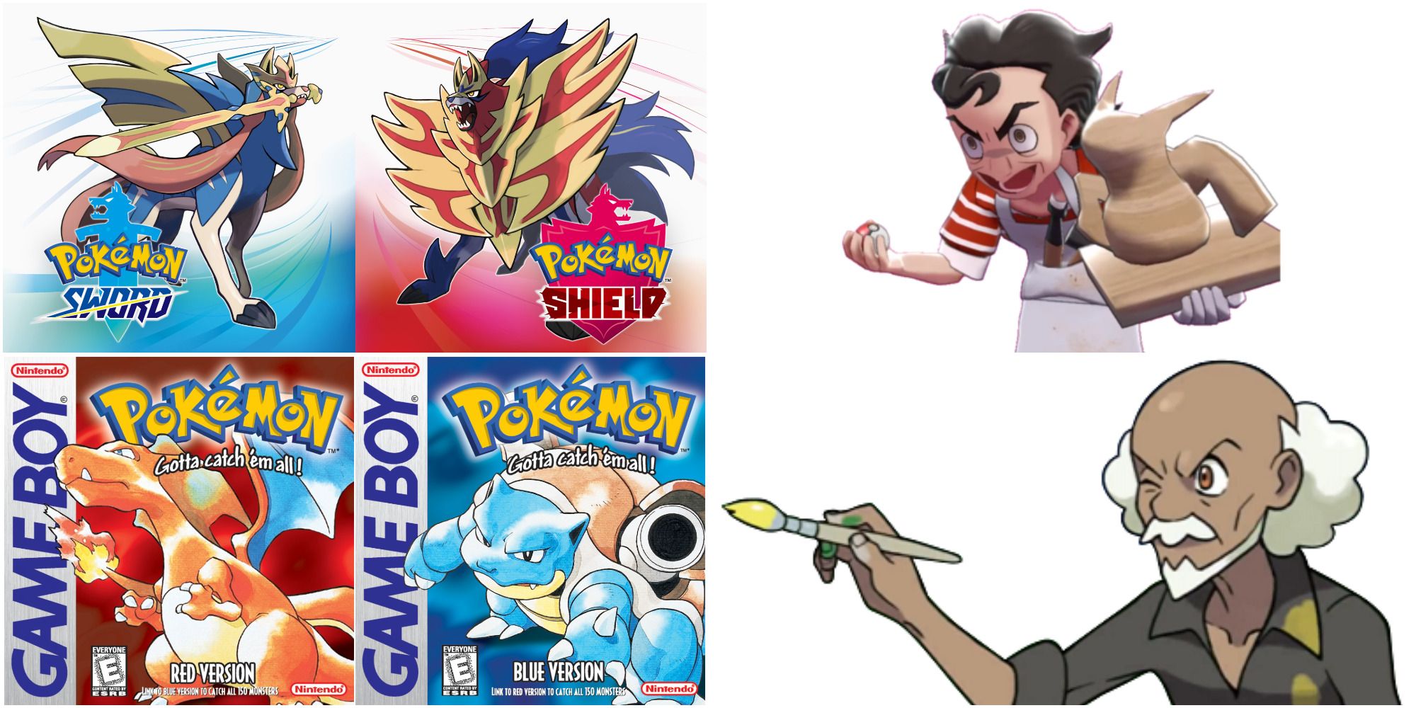 Pokemon Sword and Shield Box Art, Red and Blue Box, and Two Artist Trainers