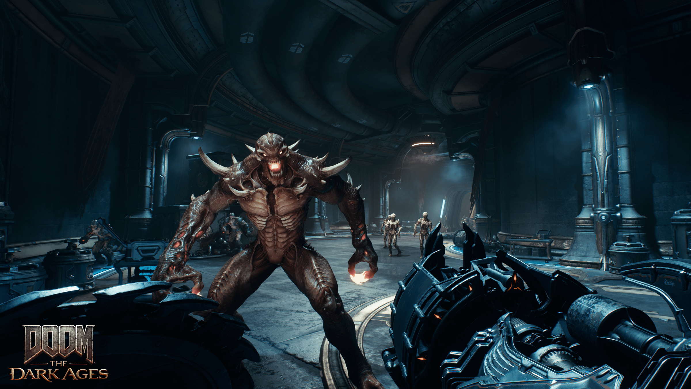 Screenshot from Doom The Dark Ages featuring a demon charging the Slayer who is wielding the Ravager weapon.