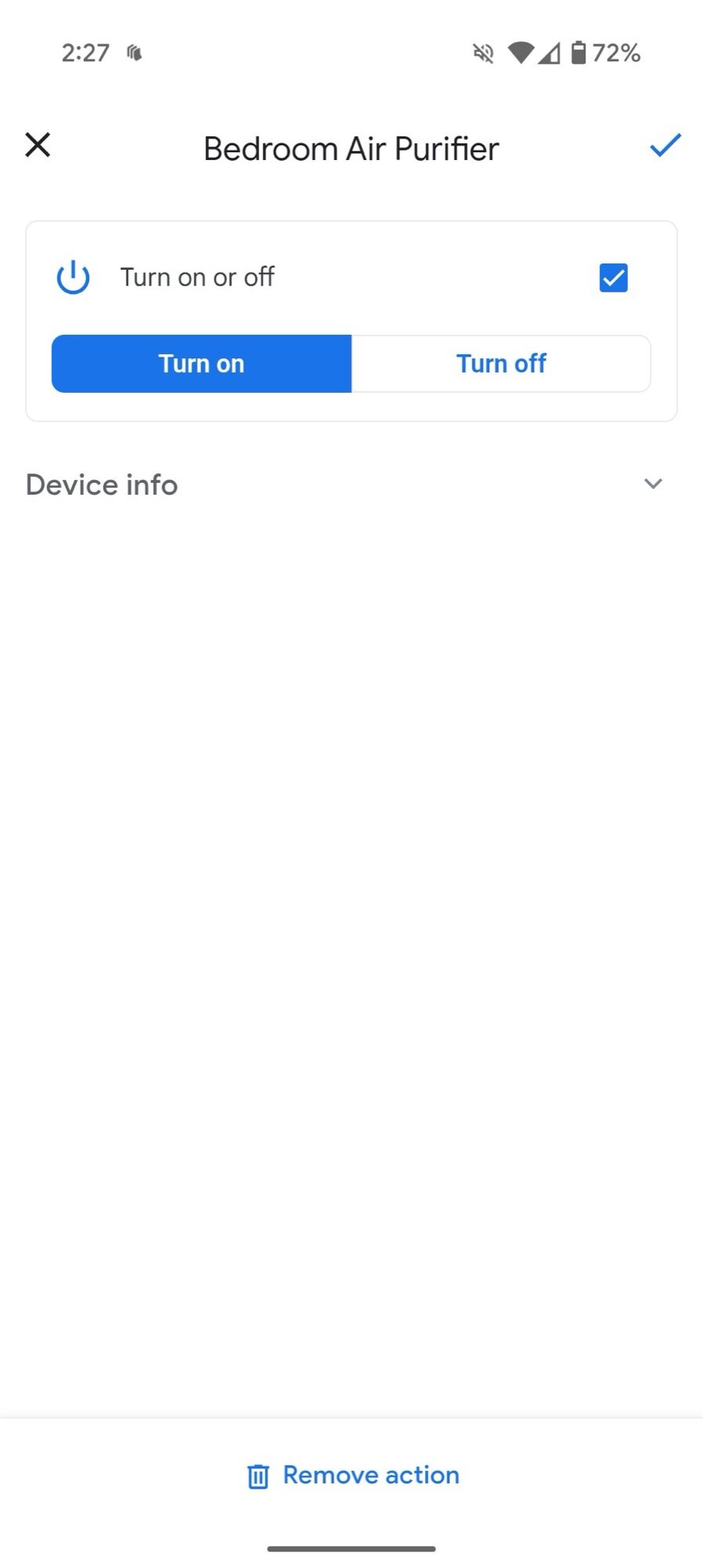 google home air purifier routine only on off