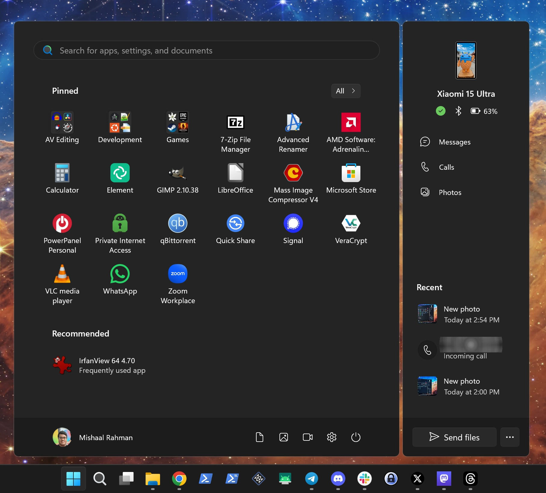 Windows 11 start menu with Phone Link panel Windows 11 start menu with Phone Link panel
