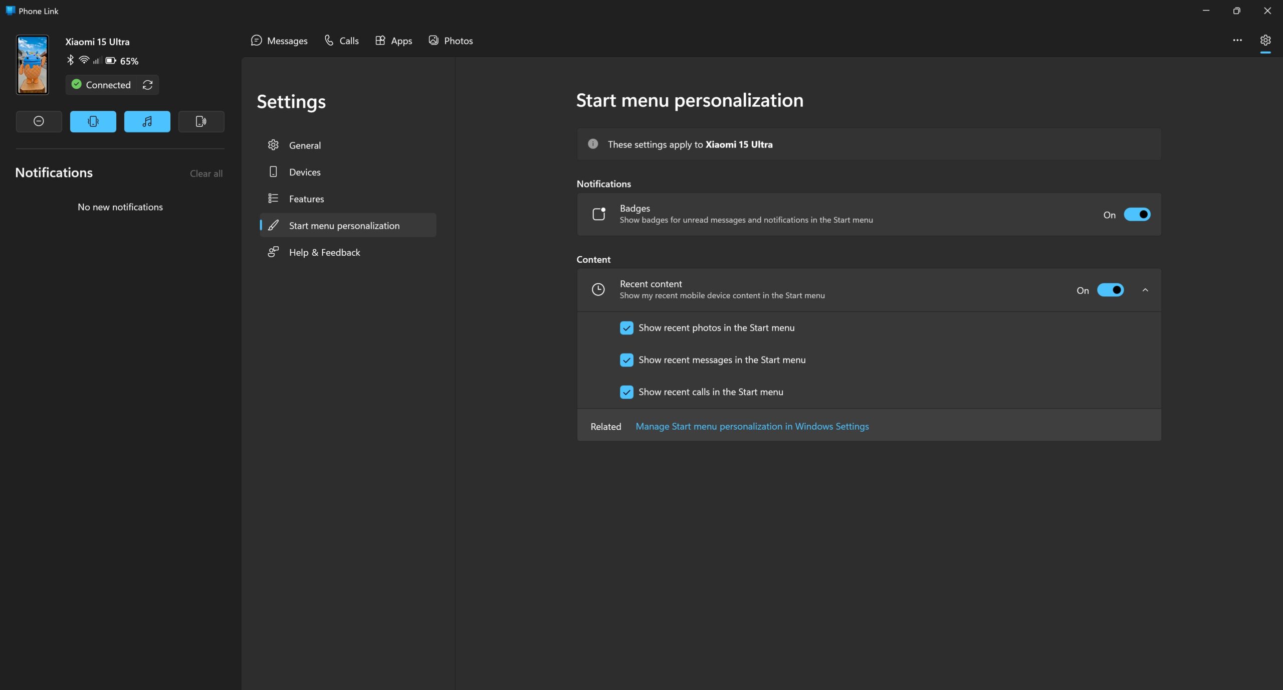 Phone Link start menu personalization settings