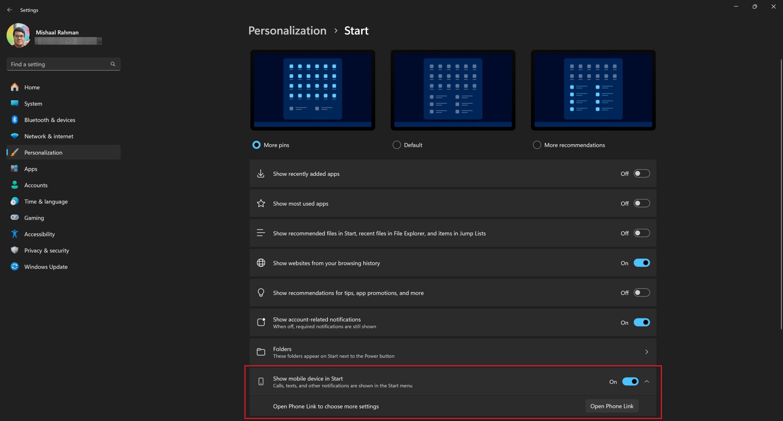 Windows 11 start menu settings show mobile device in Start
