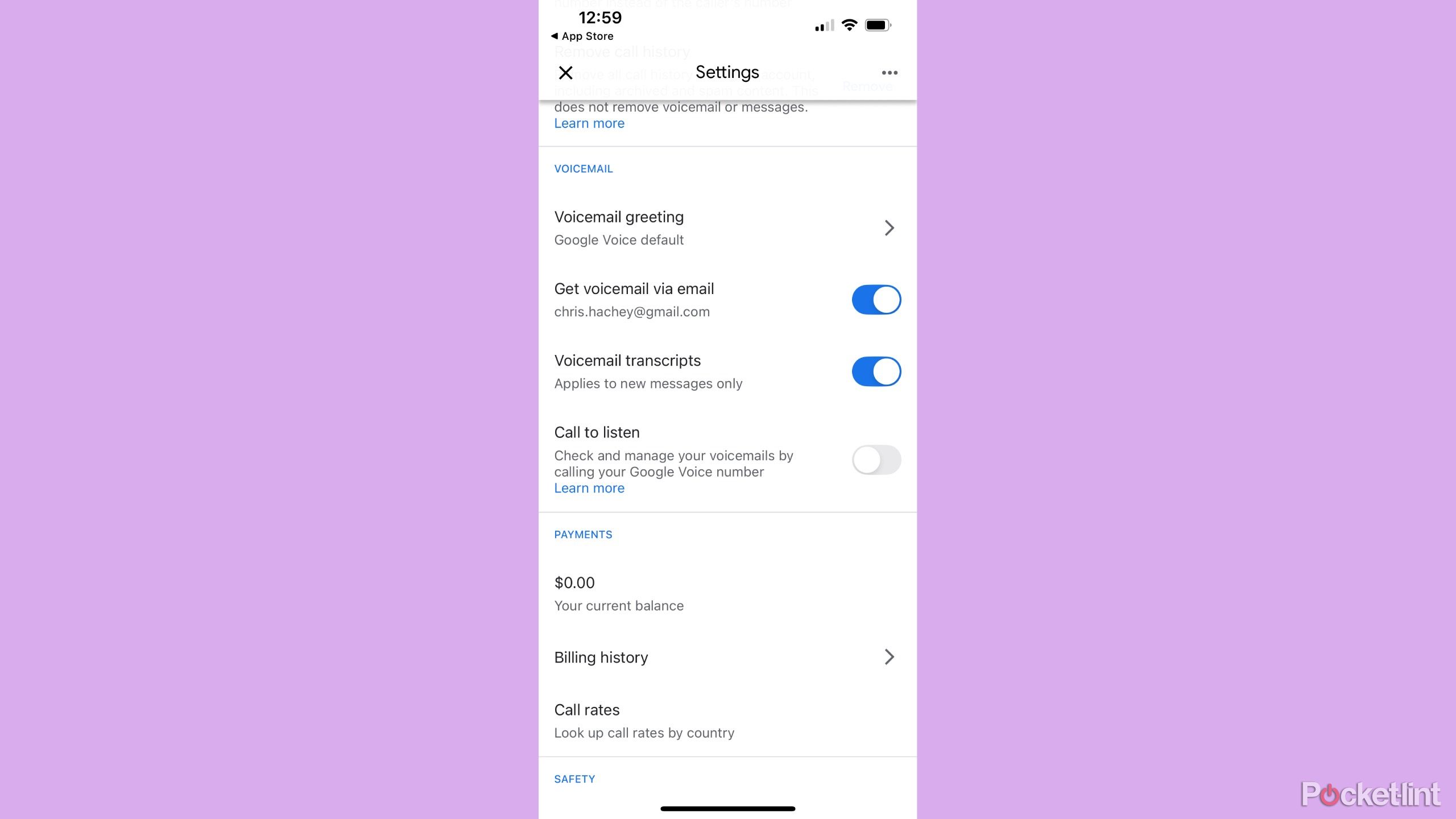 google voice settings menu