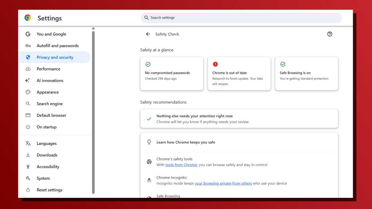 Chrome settings Safety Check alerts screenshot