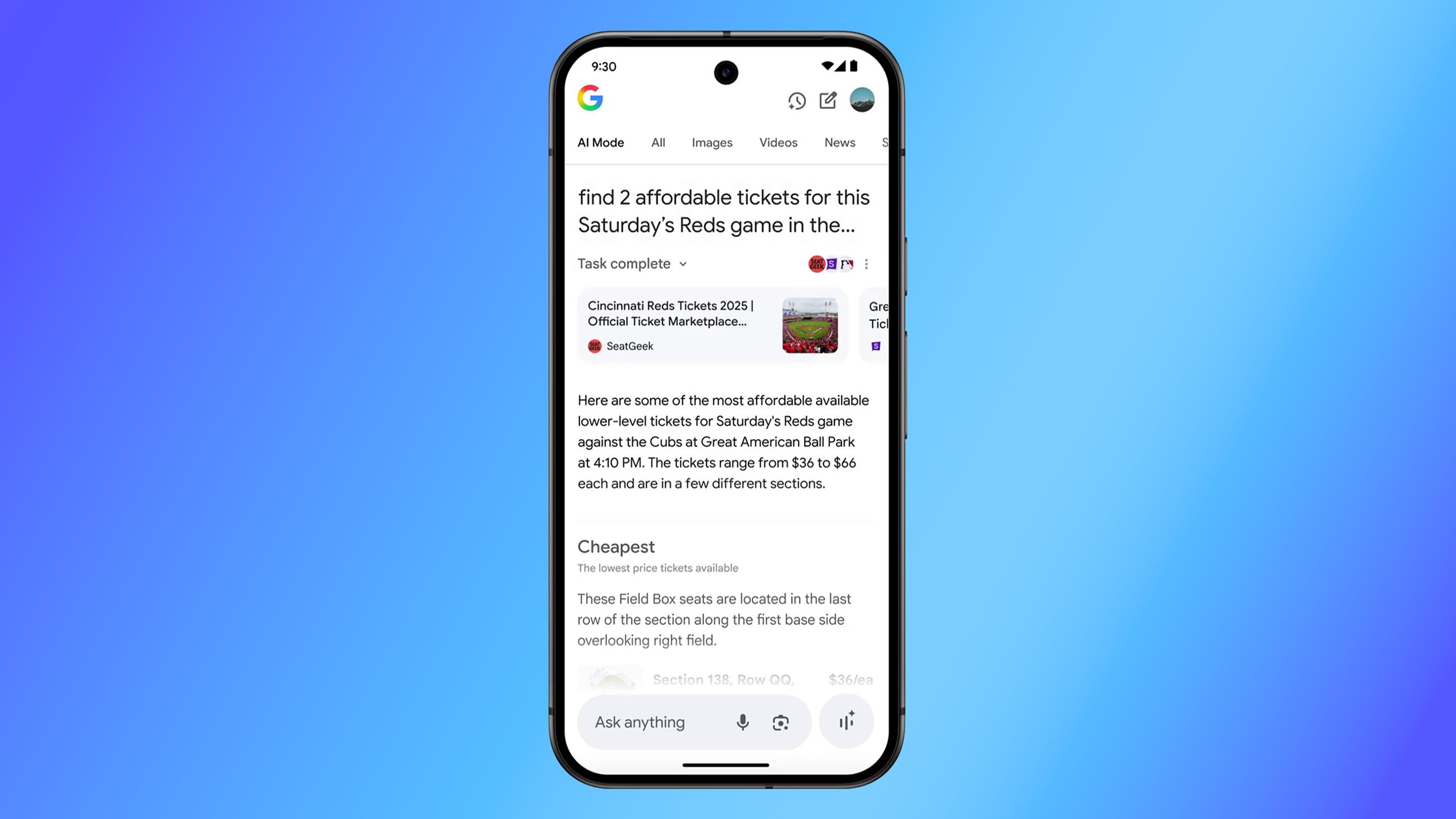 Google AI Mode finding baseball tickets.