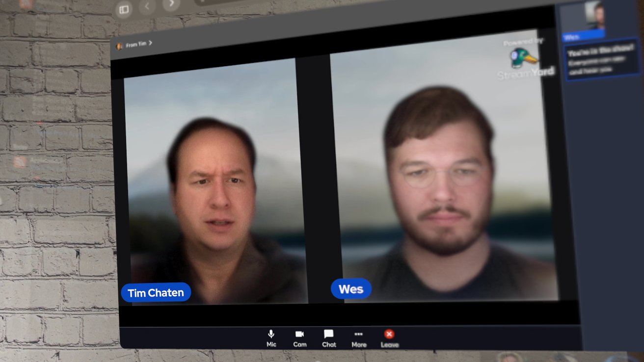 Two men are visible in a blurred video conference interface with their names displayed, against a background resembling mountains and sky.