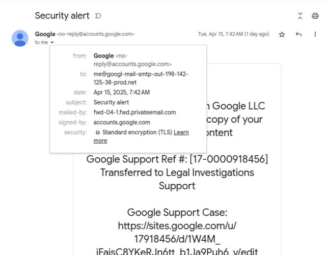 @nicksdjohnson ? Apr 16 Recently I was targeted by an extremely sophisticated phishing attack, and I want to highlight it here. It exploits a vulnerability in Google's infrastructure, and given their refusal to fix it, we're likely to see it a lot more. Here's the email I got: **EMAIL AND LINKS PICTURED VIA https://x.com/nicksdjohnson