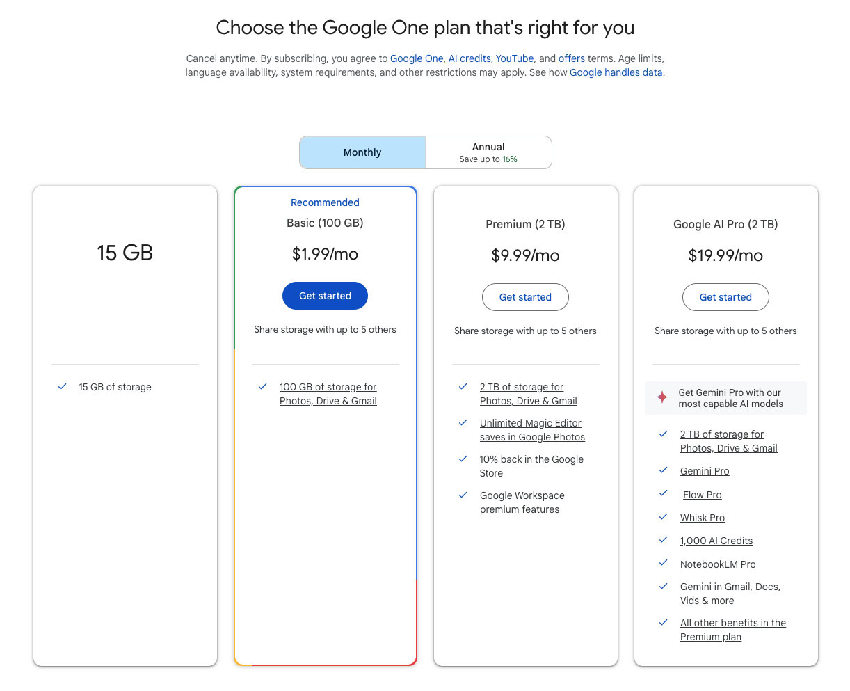 google one plans screenshot may 2025 A screenshot of different Google One plans.