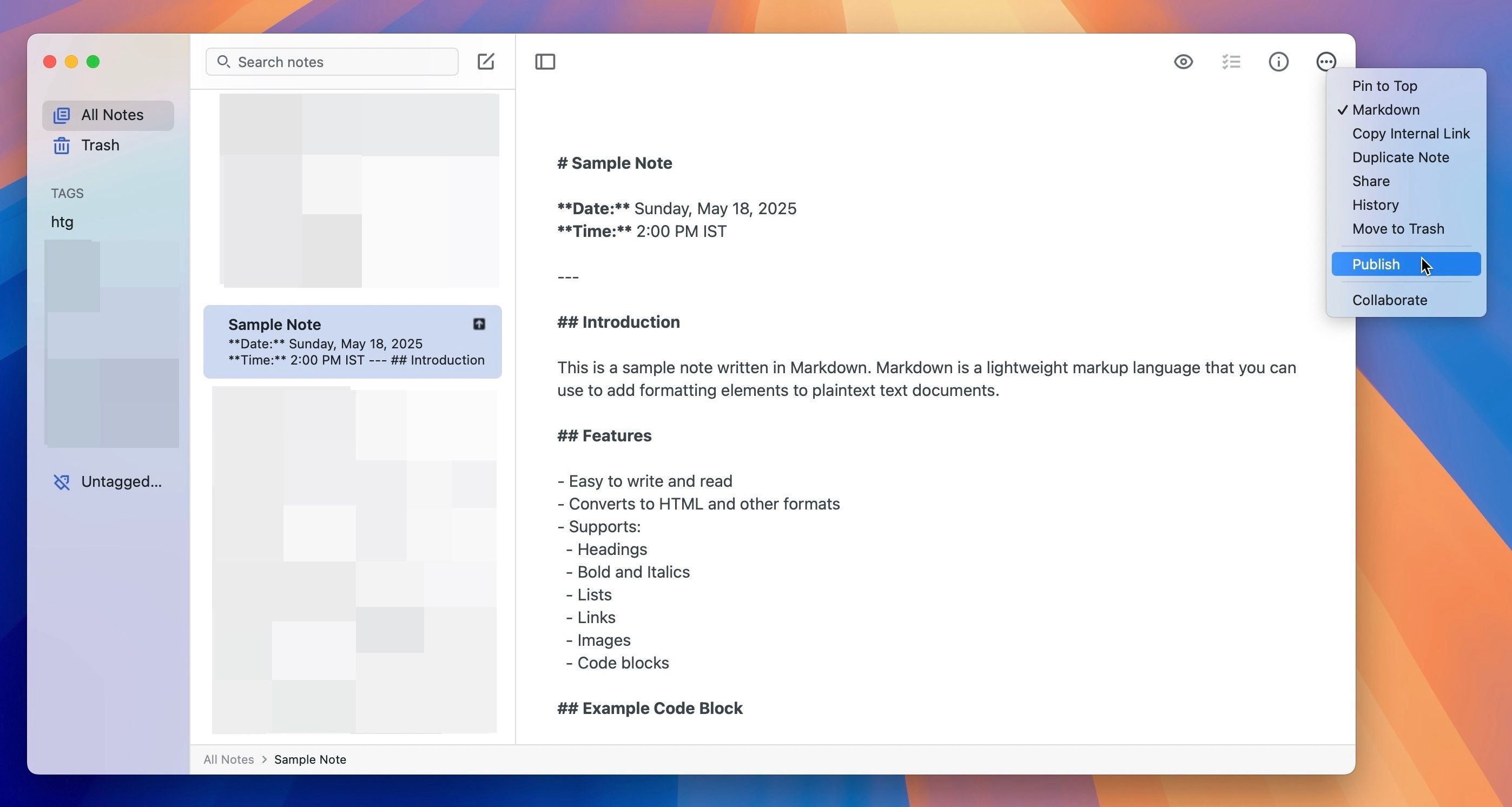 Publish option in Simplenote on a Mac.