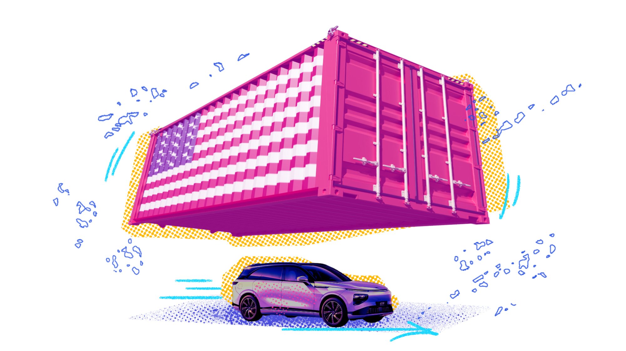 An electric car on a white background, about to be crushed by a shipping container bearing the U.S. flag.