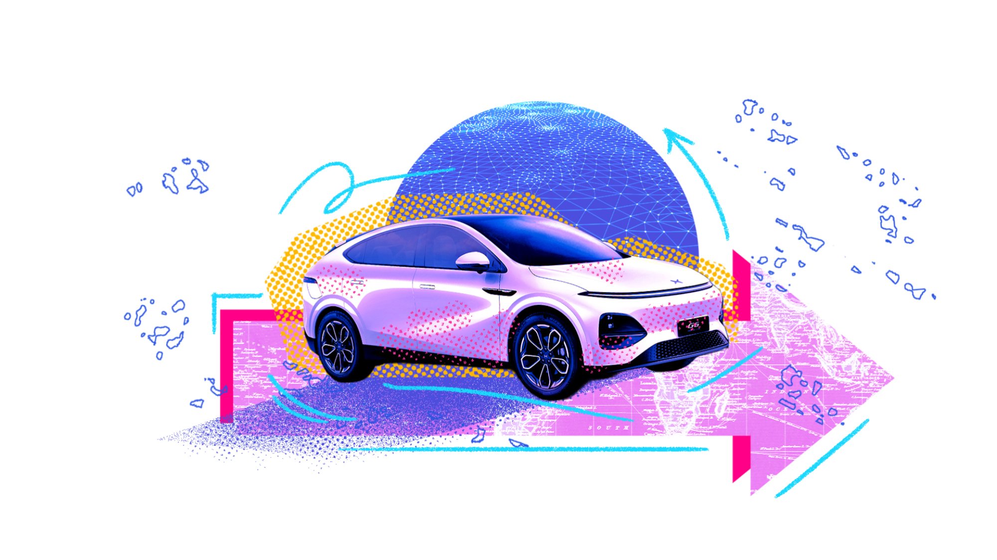 An electric car on a white background, on top of an arrow and heading in the direction it's pointing. There is a blue sphere in the background.