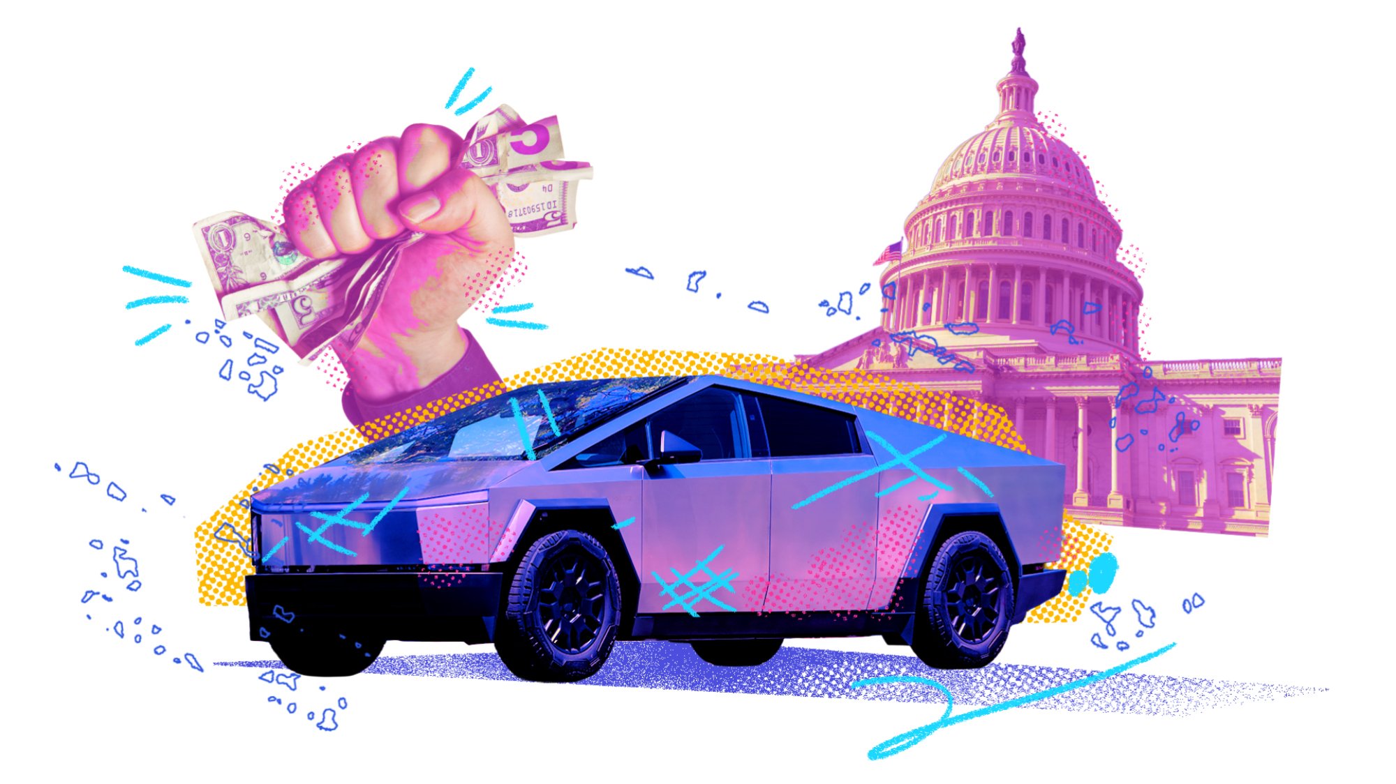 An electric car on a white background in front of th U.S. Capitol and a fist full of money.