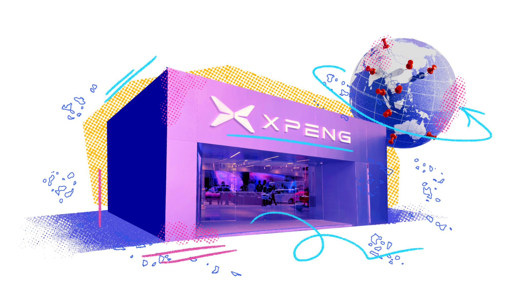 An XPENG store on a white background, in front of a globe.