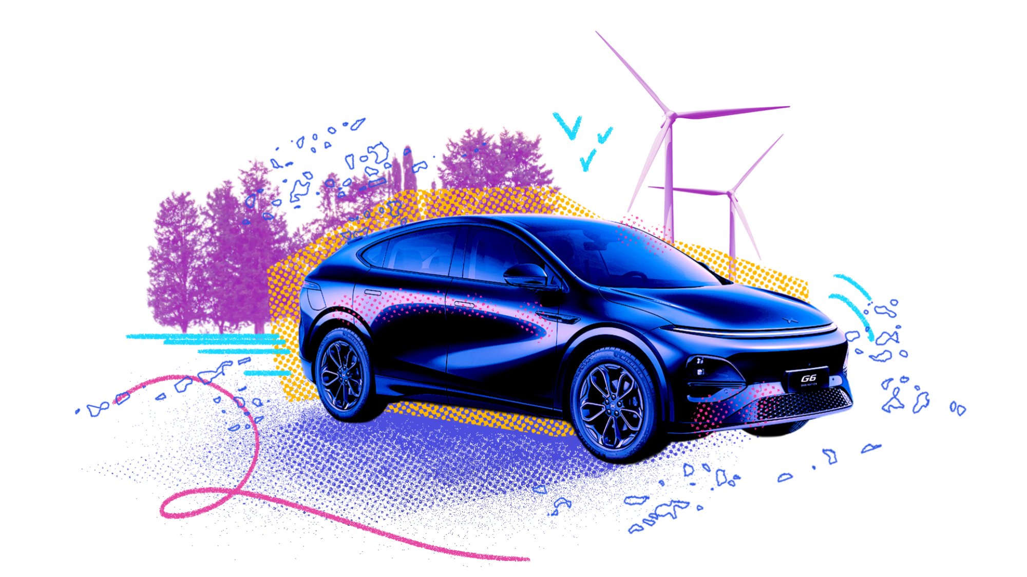 An electric car on a white background in front of trees and a wind turbine.