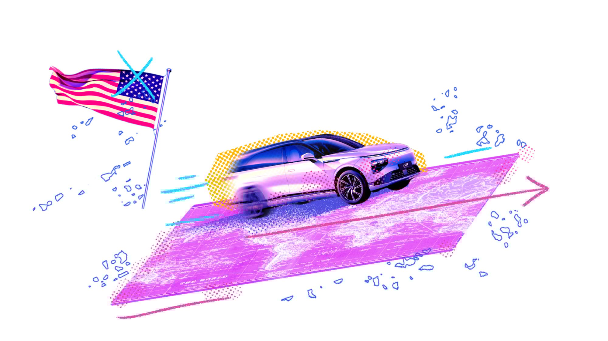 An electric car on a white background, racing away from a U.S. flag.