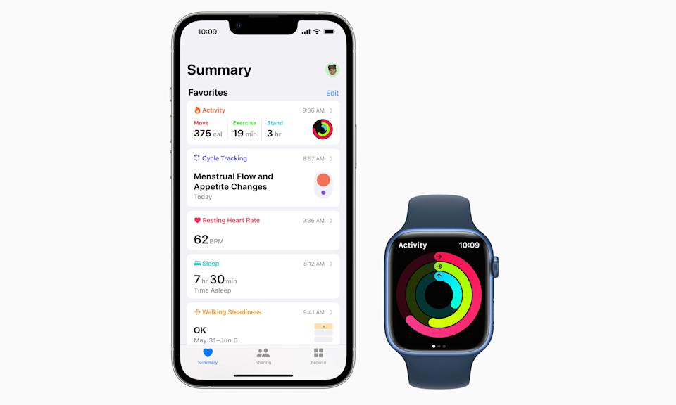 Image of an iPhone (with Health app visible) next to an Apple Watch.