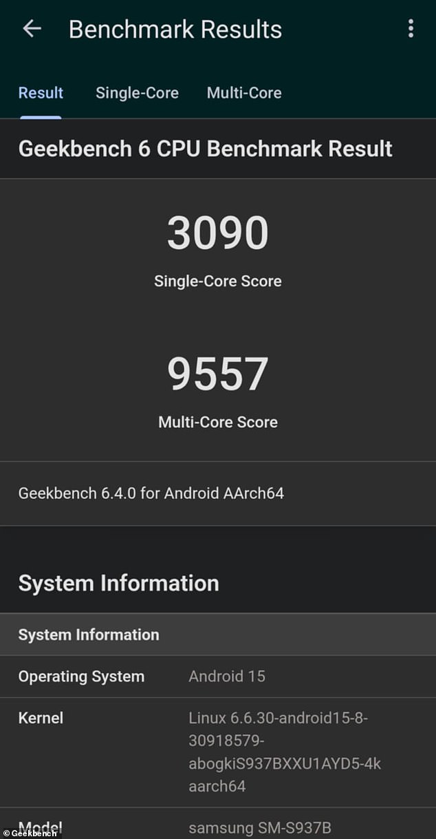 In the Geekbench 6 CPU benchmark, the S25 Edge's scores put it easily on par with the iPhone 16 Pro and Pro Max in terms of raw computing power