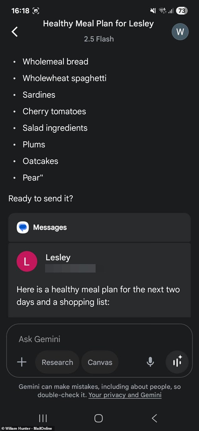 I asked the AI to make a shopping list and send it to someone in my contacts, which it was able to do easily. The message could then be sent by just pressing one button