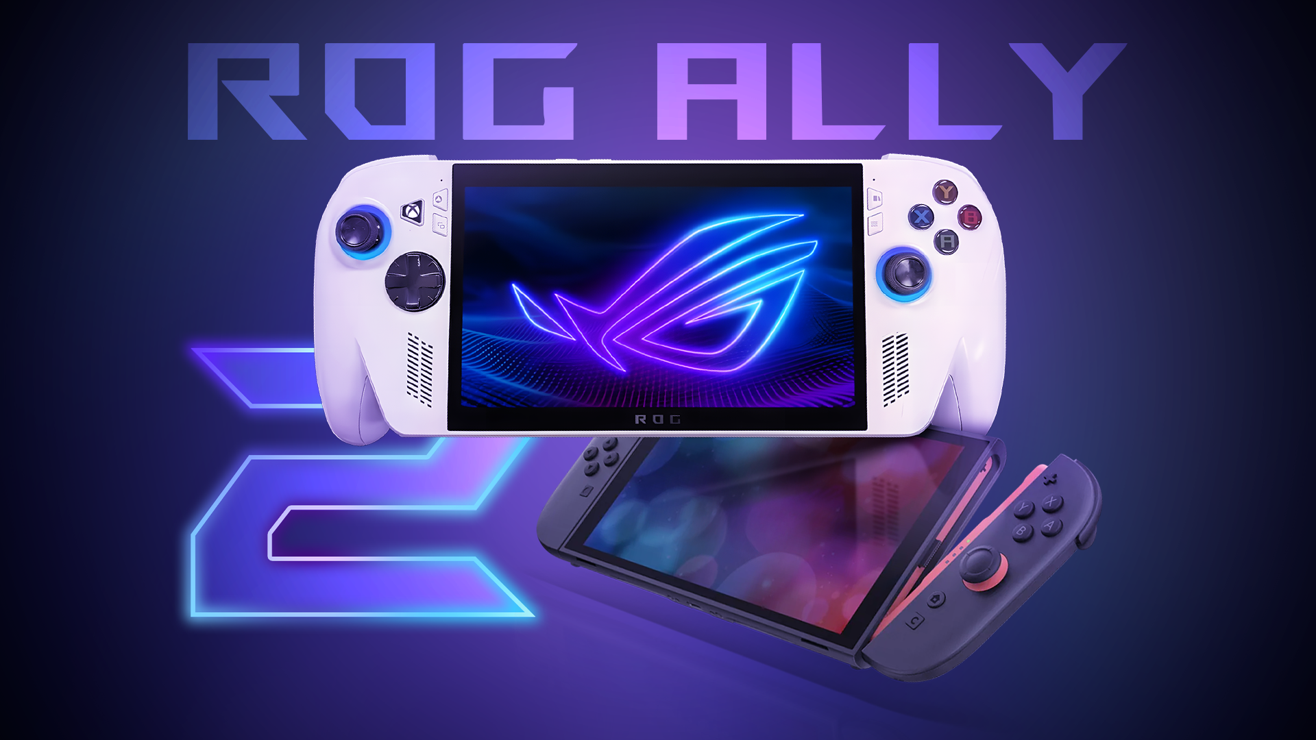A ROG Ally 2 positioned above a Nintendo Switch 2 against a futuristic gradient backdrop.