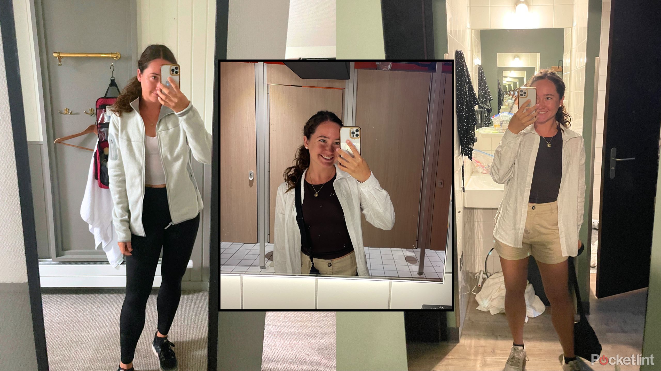 Kelsey in various hostels taking mirror selfies.