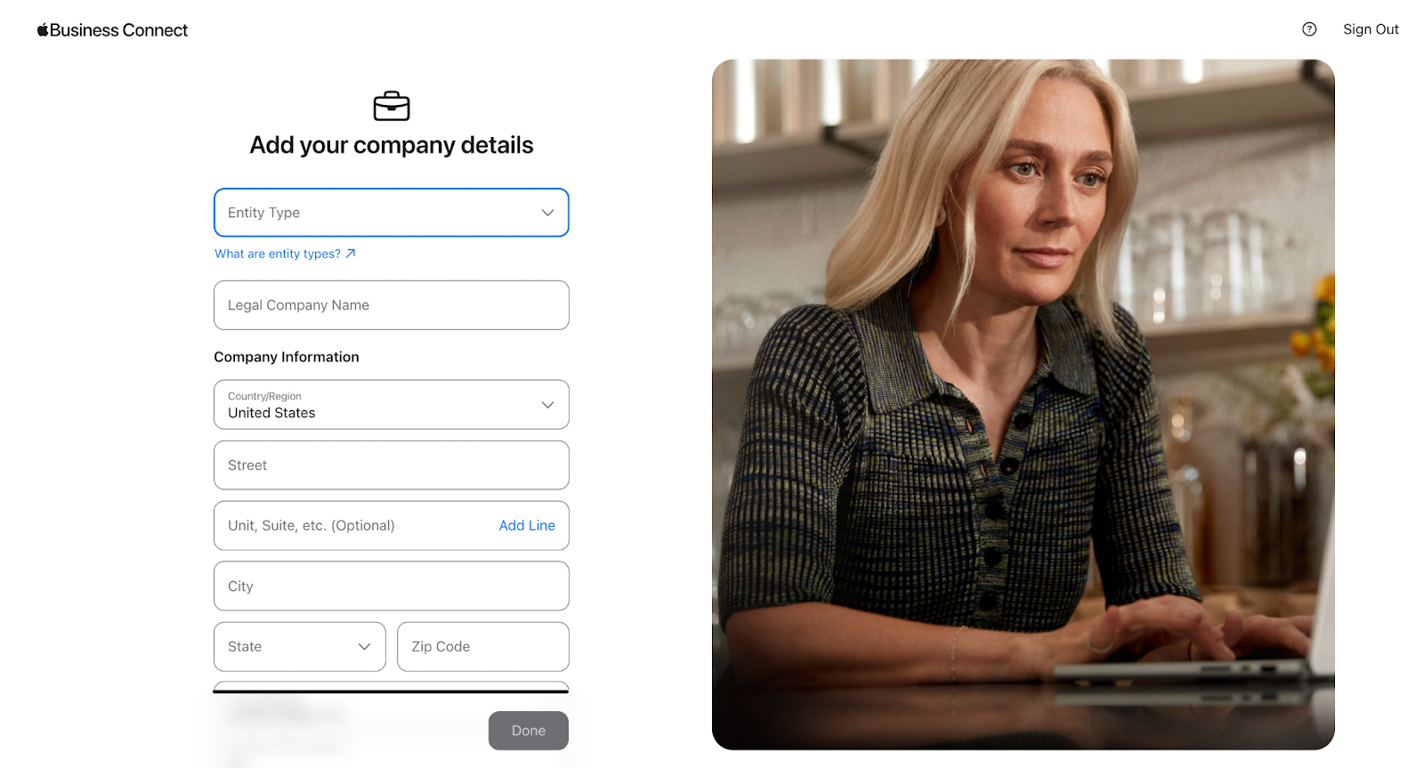 Fields to enter your company details on Apple Business Connect