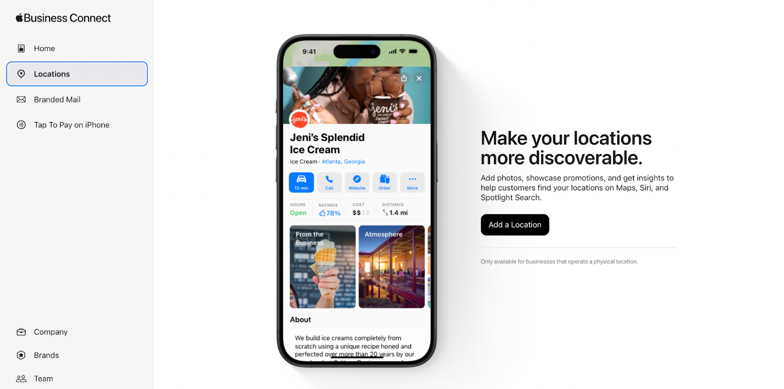 Option to add a business location in Apple Business Connect