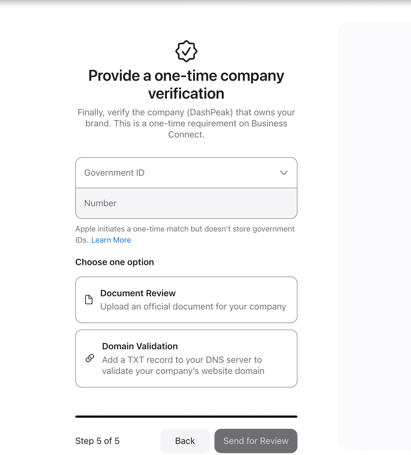 Fields to enter government ID information in Apple Business Connect