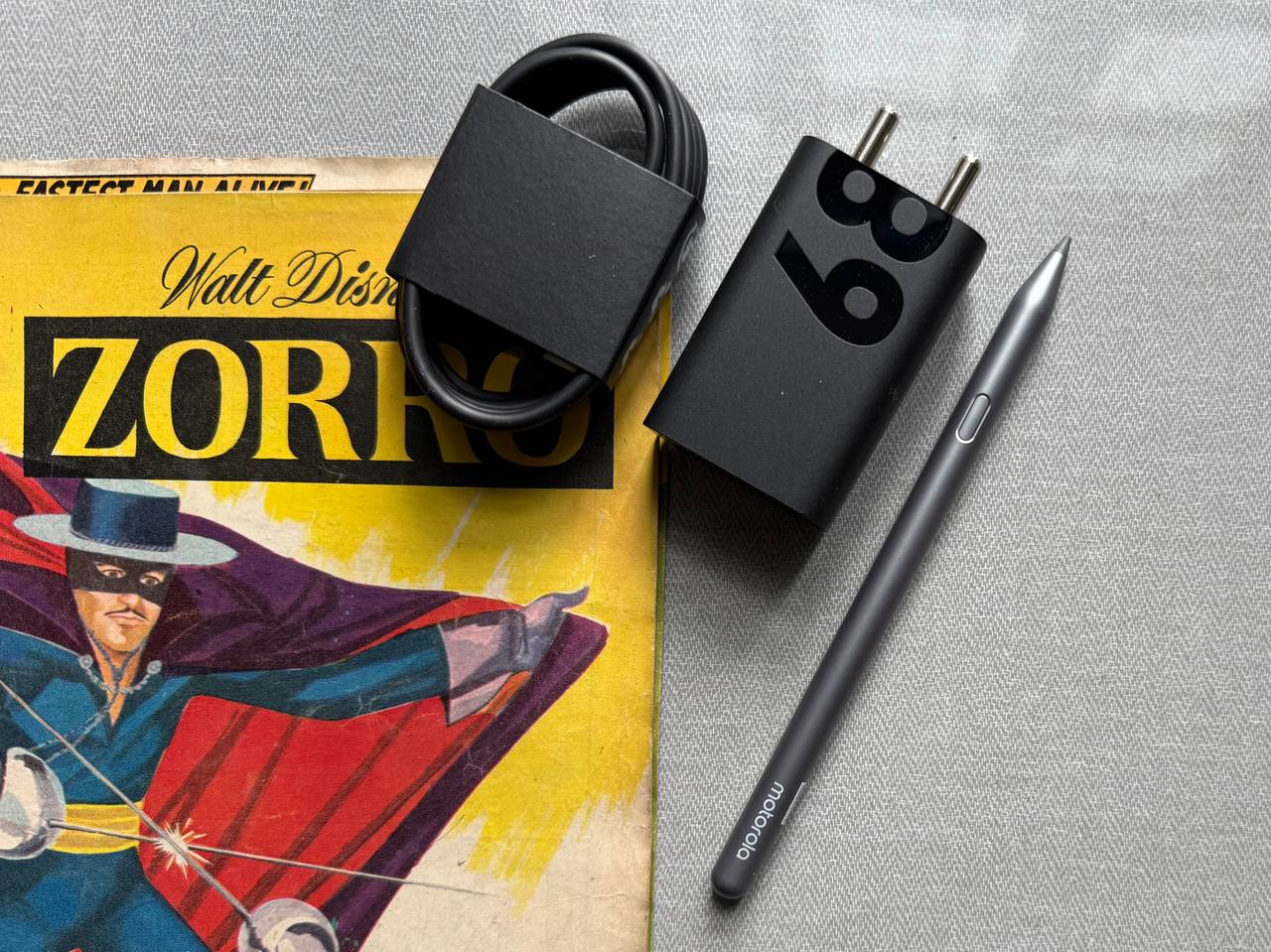 Included in the box is a charging brick and Moto Pen Pro stylus. Picture: The Telegraph / Mathures Paul