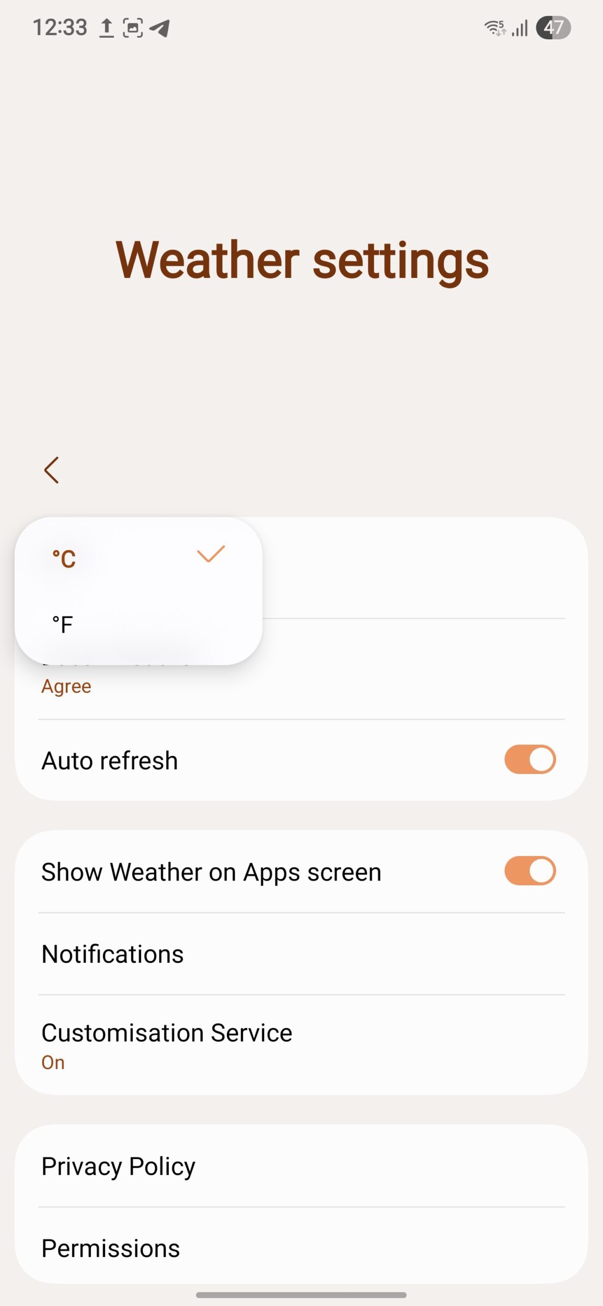 A screenshot of the One UI 7 weather app settings