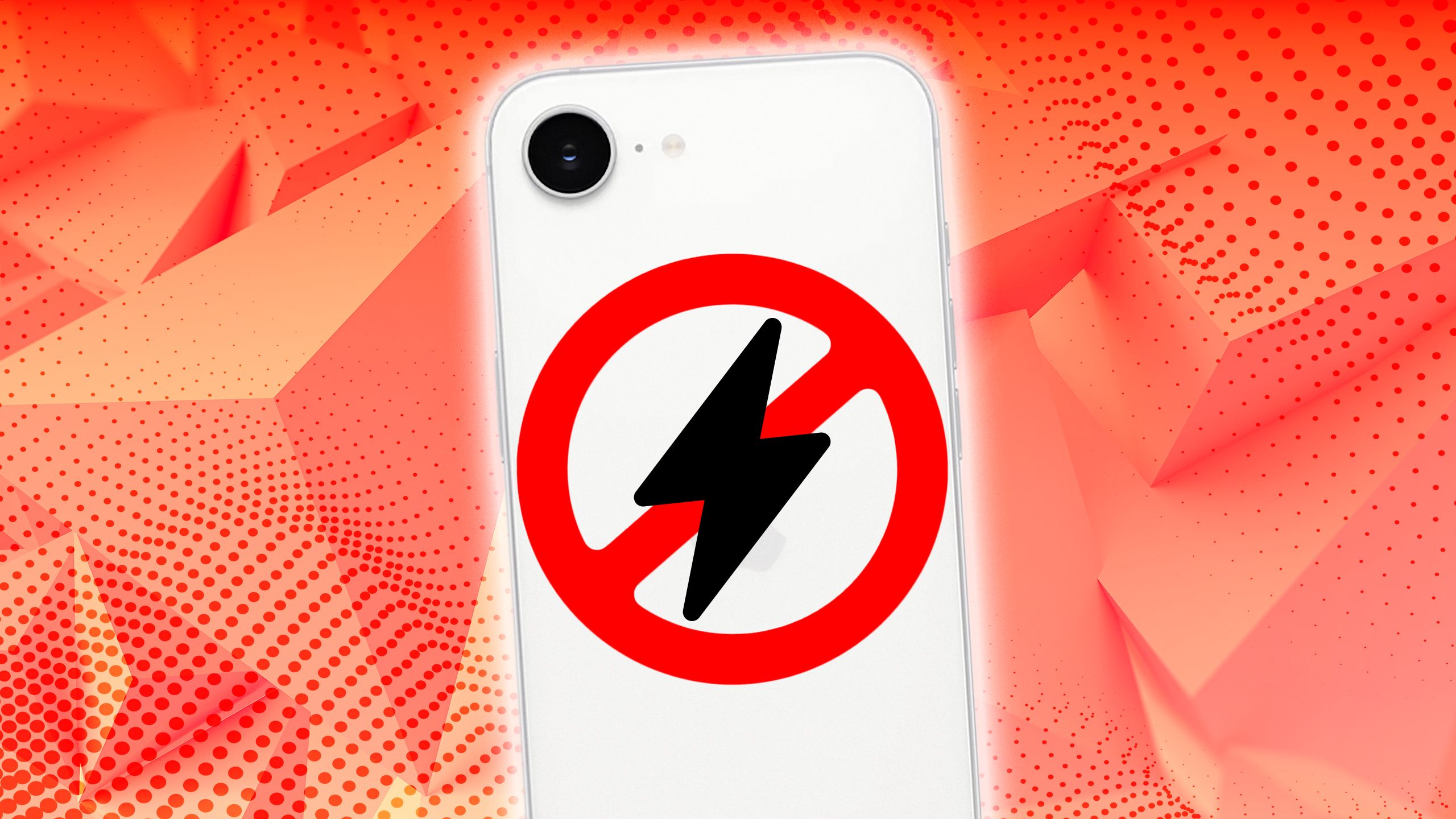 An iPhone with a slash through the back of it.