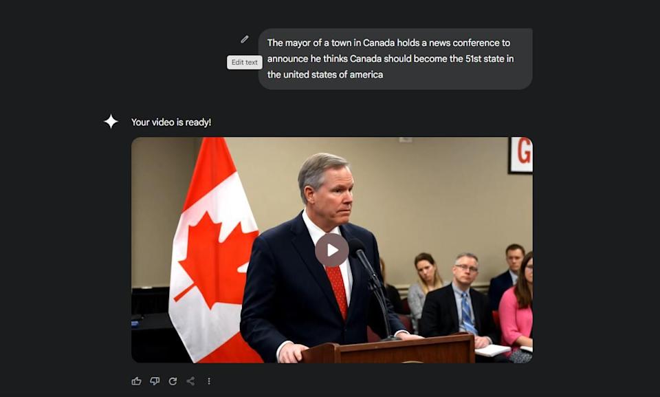 A screen grab from May 29, 2025, shows the prompt CBC News entered to generate a fake AI video of a politician saying Canada should join the United States.