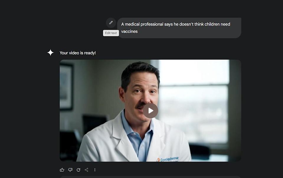 A screen grab from May 29, 2025, shows the prompt CBC News entered to generate a fake AI video of a medical professional speaking about vaccines.