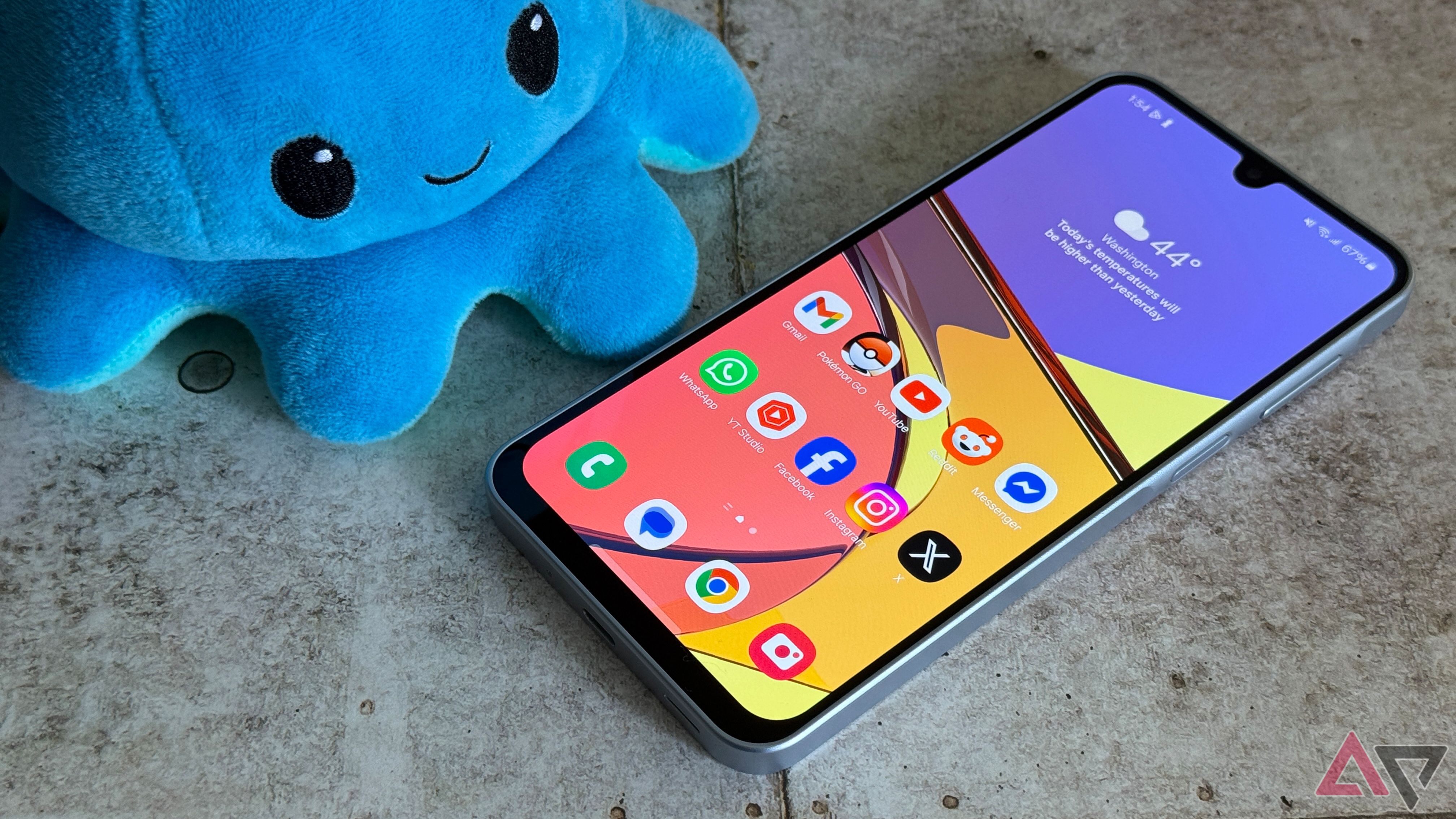 Samsung Galaxy A16's AMOLED display showing the home screen with Pusheen