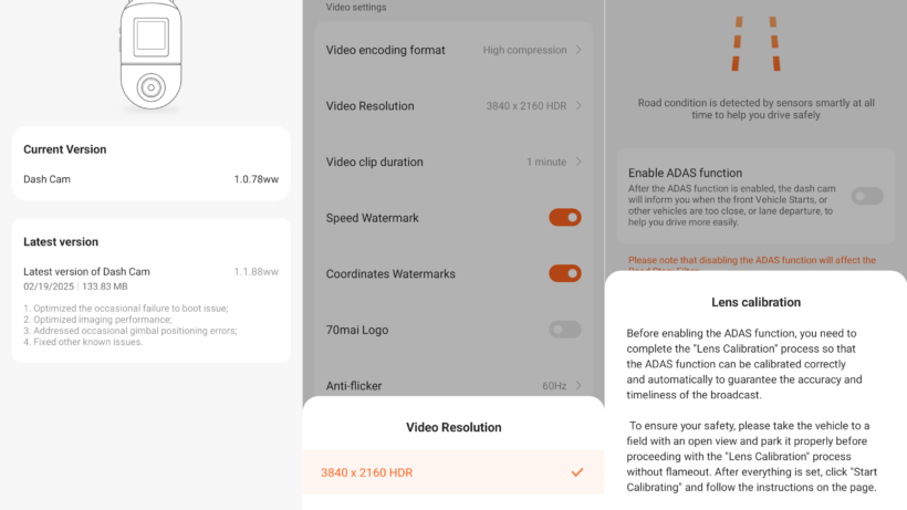 Android screenshot collage showing a firmware update, resolution selection and ADAS calibration