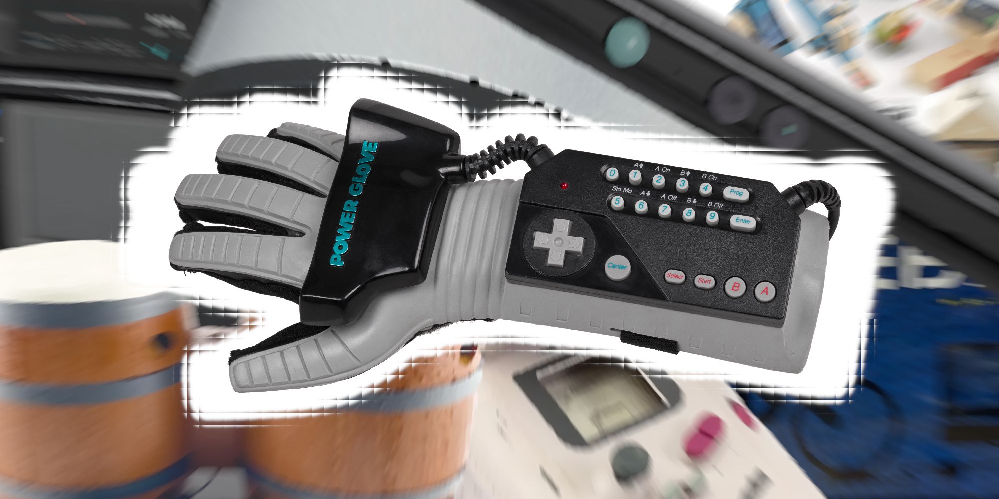 Thumbnail for the Weirdest Gaming Periipherals article, with the Power Glove surrounded by DK Bongos, the Kinect, and more.