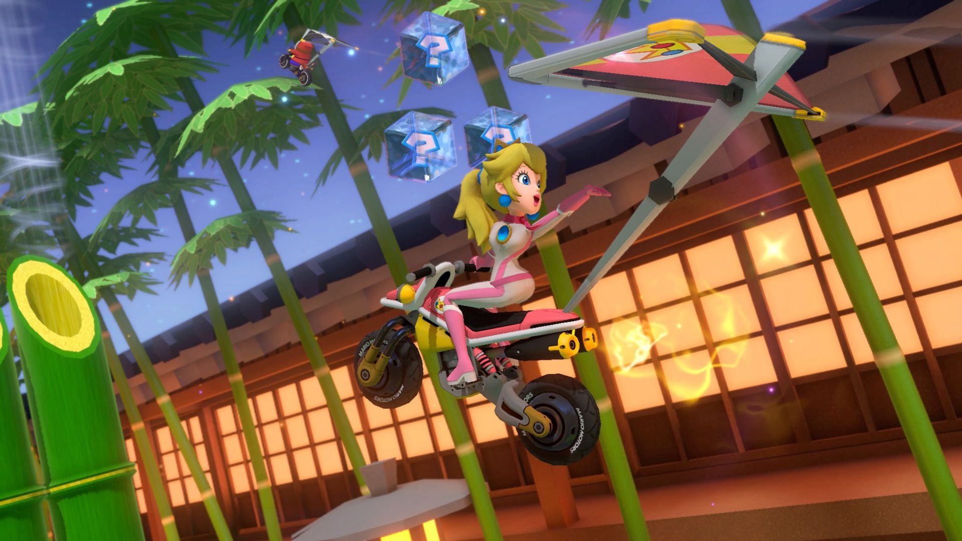 Peach racing on the Ninja Hideaway track in Mario Kart 8 Deluxe