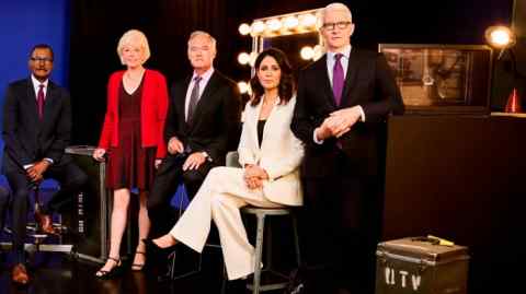 CBS correspondents, from left, Bill Whitaker, Lesley Stahl, Scott Pelley, Cecilia Vega, and Anderson Cooper