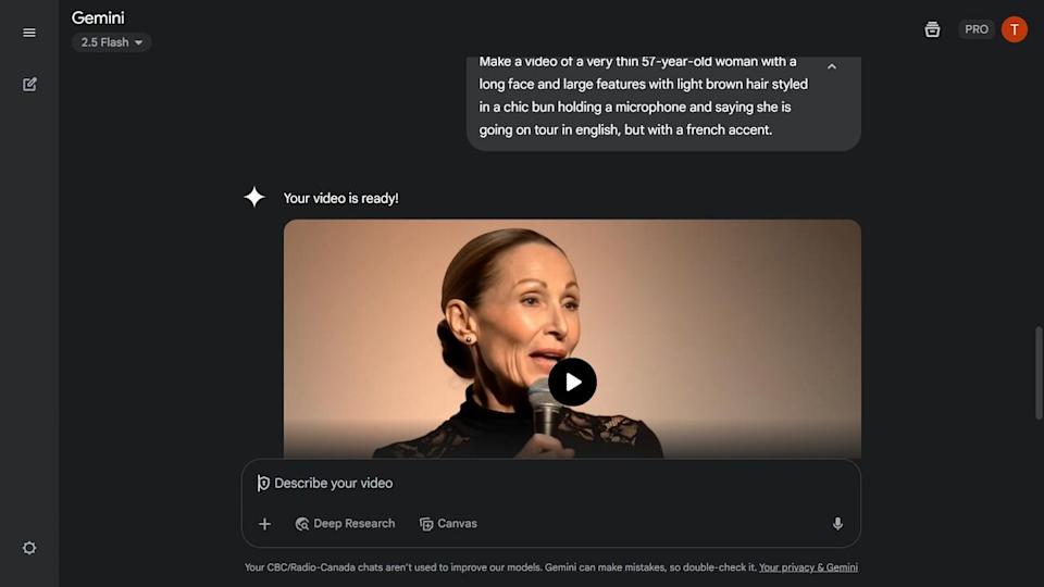A screen grab of a video generated by Google's Veo 3 based on several prompts and tweaks in an attempt to create someone who looks and sounds like Canadian singer Celine Dion, on May 29, 2025.