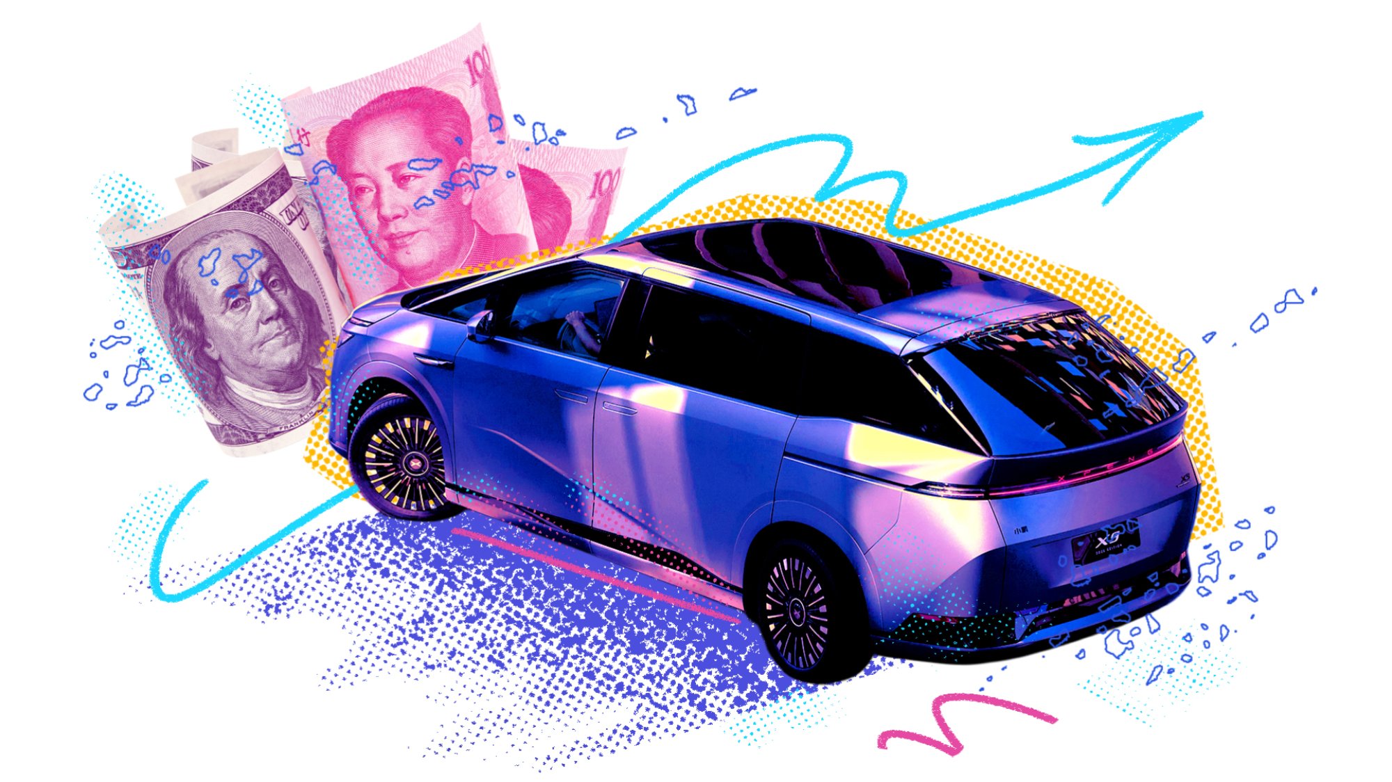 An electric car on a white background, facing both U.S. and Chinese paper money in the background.