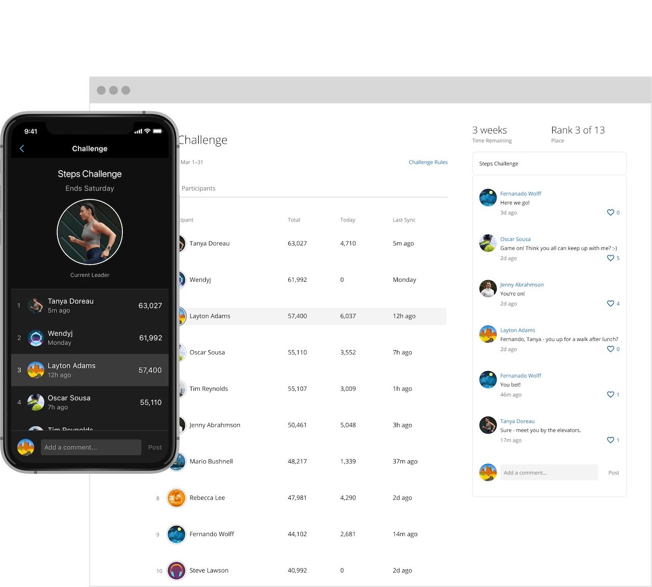 Phone showing Sleep performance leaderboard beside wider leaderboard on PC screen