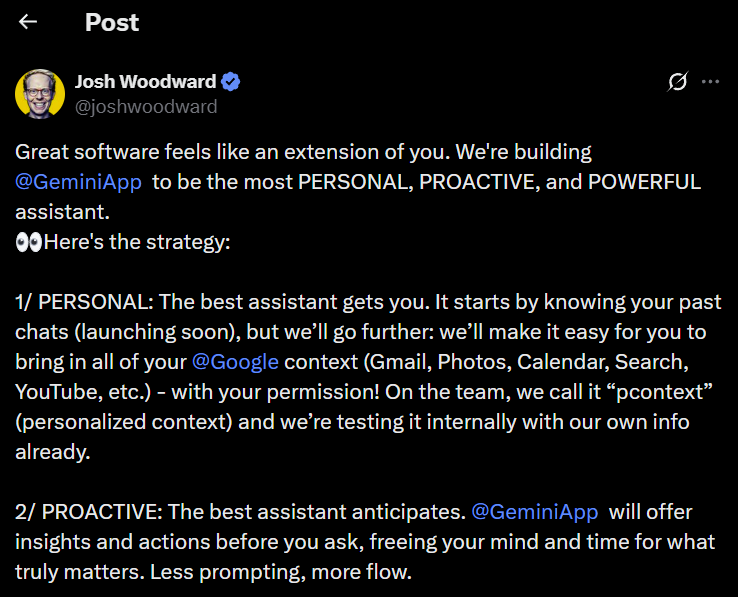 Josh Woodward's X post about Gemini's new features