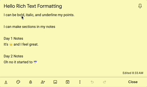 A user adds bold, italic, underline, heading 1, and heading 2 formatting to a note A user adds bold, italic, underline, heading 1, and heading 2 formatting to a note