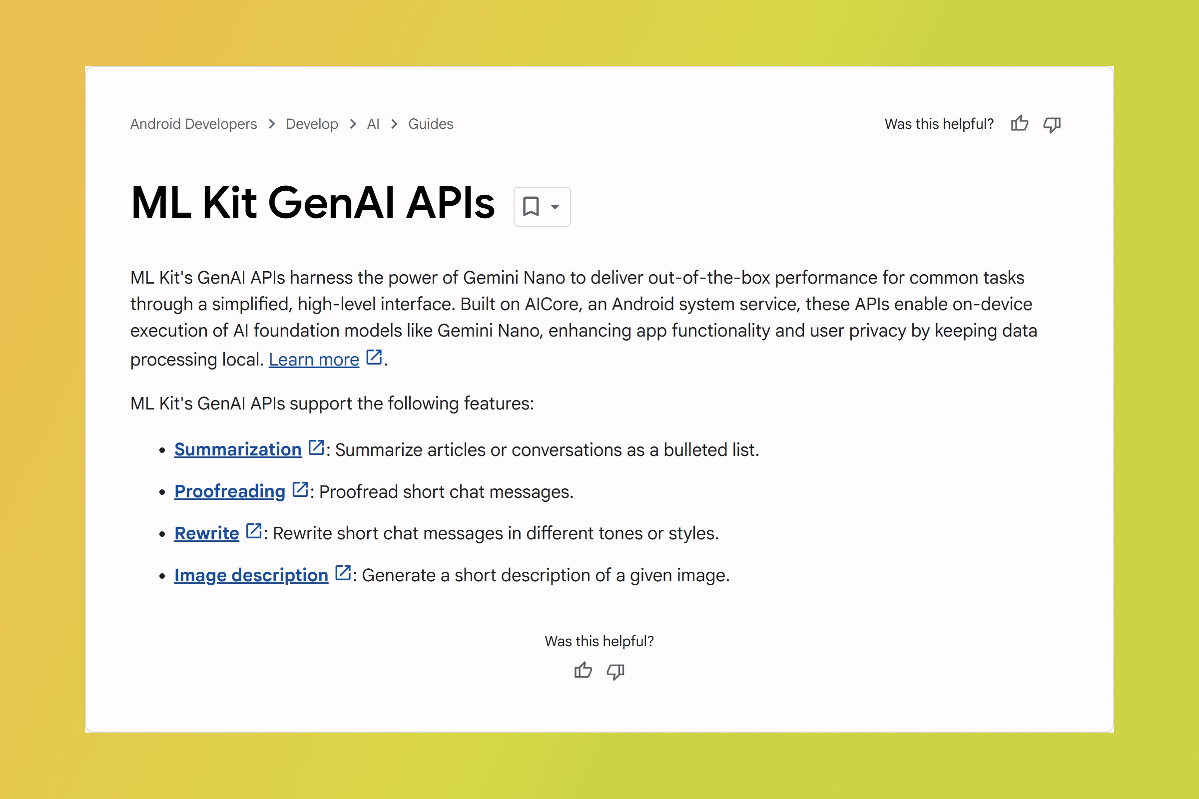 Android ML Kit GenAI API documentation Android ML Kit GenAI API documentation