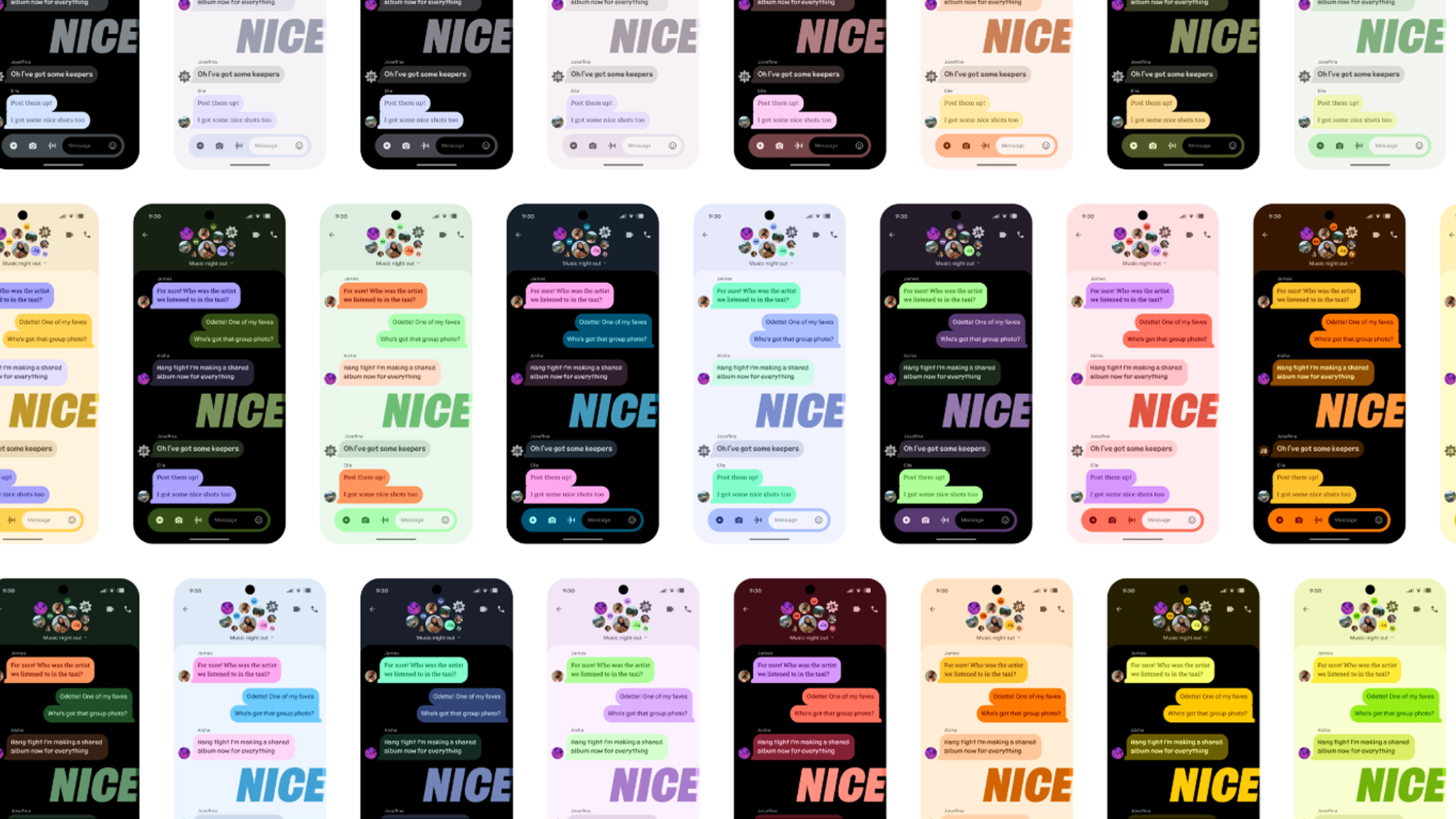 Google's screenshot examples for Material 3 Expressive designs, showing new colors, fonts, shapes, and motion effects