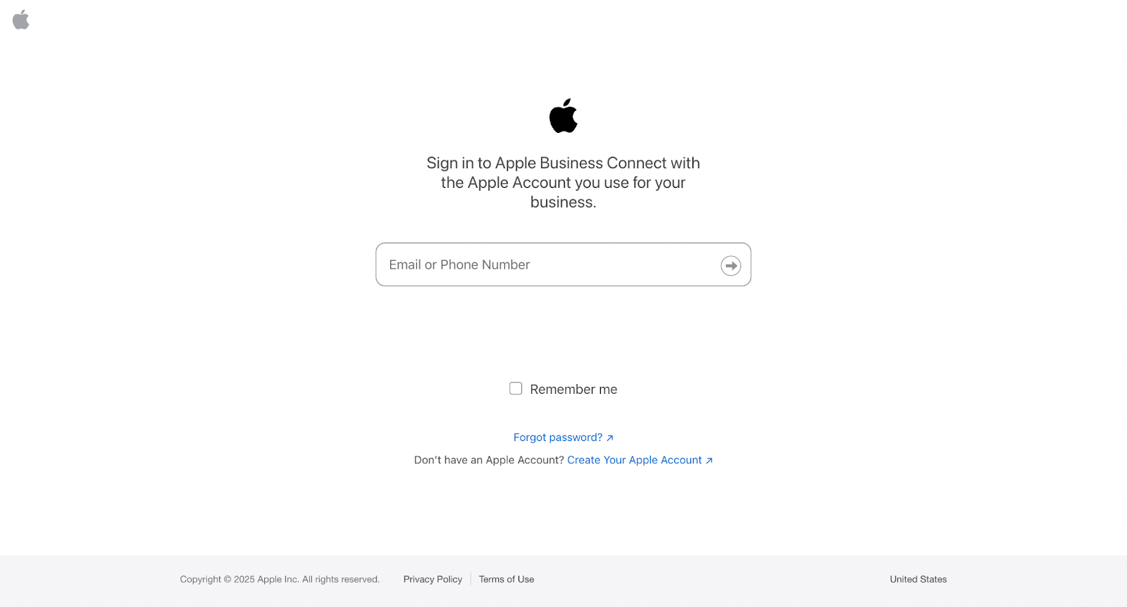 Sign-in screen for Apple Business Connect